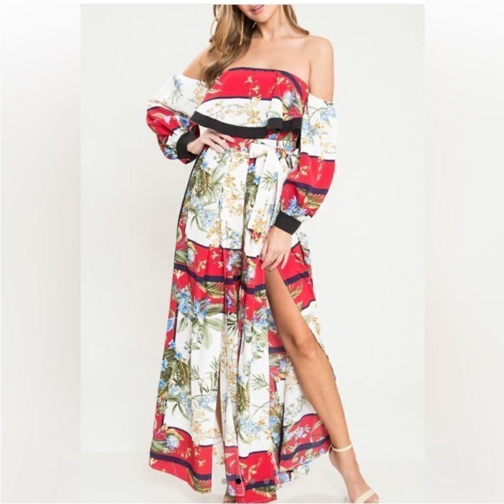 L'ATISTE Off-Shoulder Floral Jumpsuit - Red Multi, S